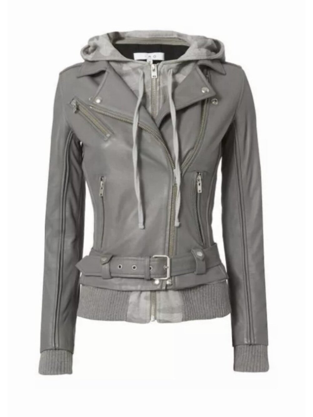 New $1435 IRO Women’s US 6/EU 38 Gray Camo Belted Leather Moto Biker Jacket Coat